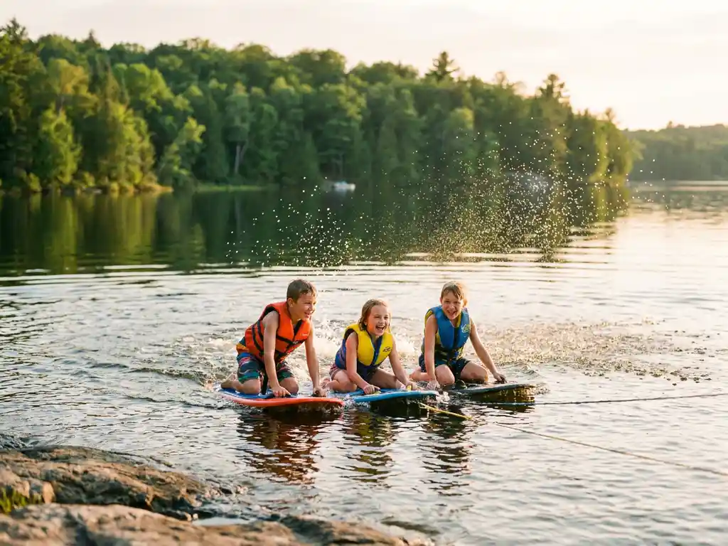 Kinderen in kleurrijke zwemvesten kneeboarden over een zonnig meer, met weerspiegeling van groen bos op het wateroppervlak.