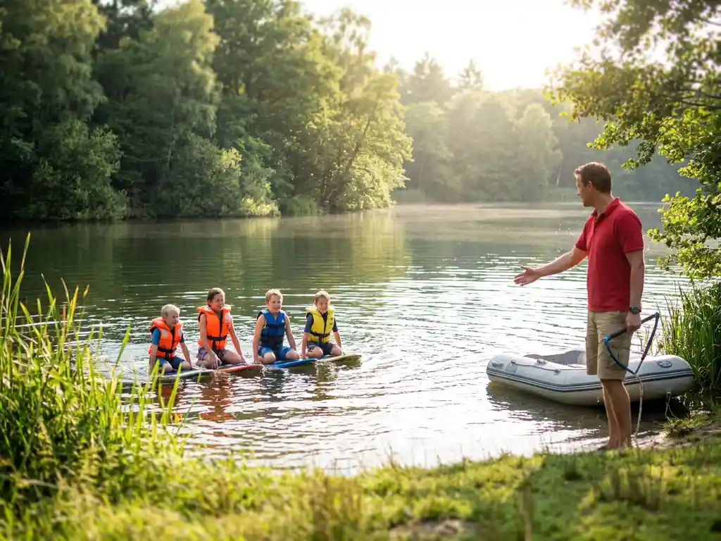 Kinderen in kleurrijke zwemvesten kneeboarden op een rustig meer terwijl een instructeur begeleidt, met weerspiegeling van groen bos.