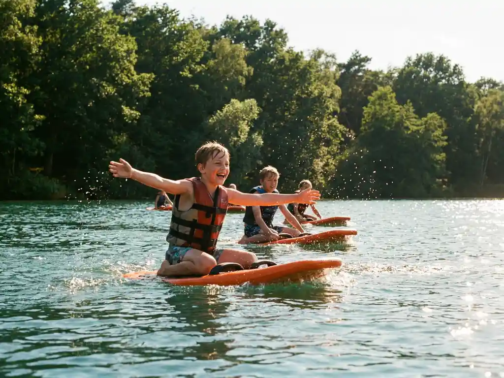 Kinderen op oranje kneeboards glijden over een zonnig meer, omringd door groen bos, één kind lacht met uitgestrekte armen.