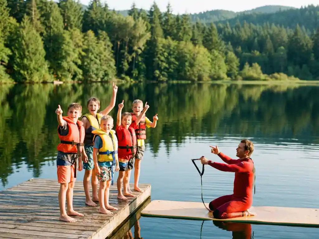 Kinderen in felgekleurde zwemvesten luisteren naar waterski-instructeur in rode wetsuit aan de oever van een bosrijk meer bij zonsondergang.