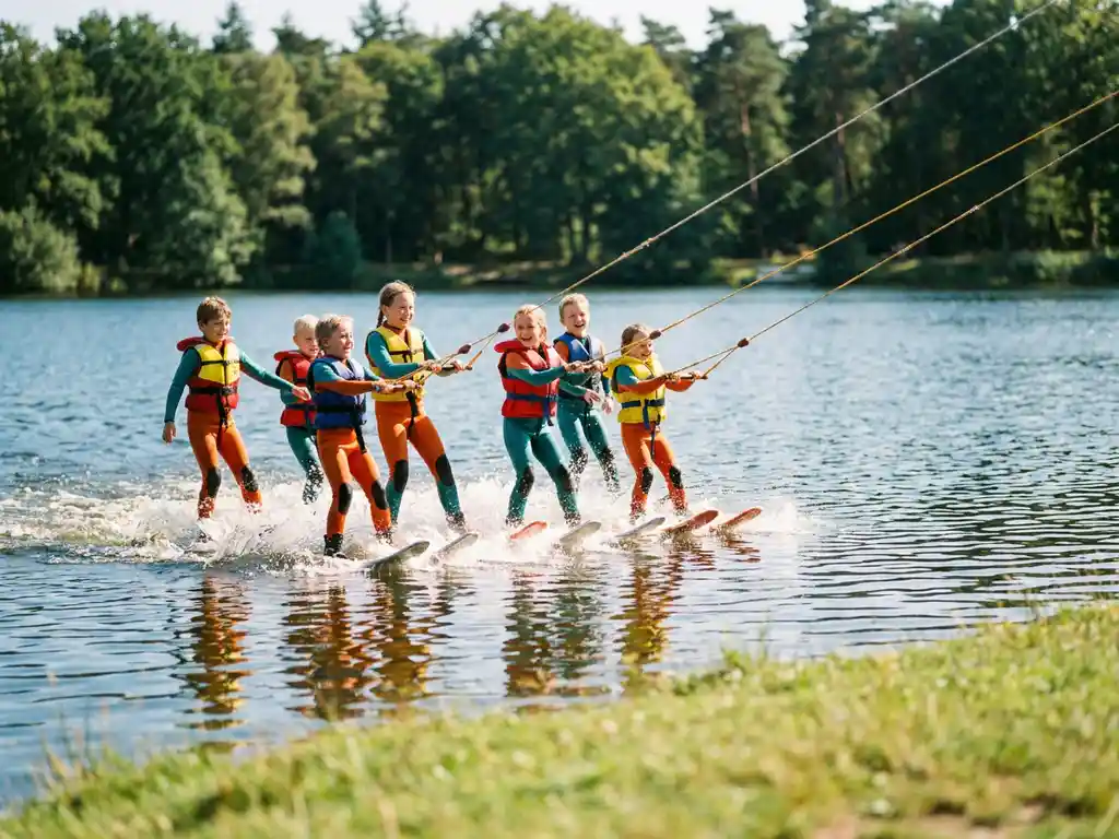Kinderen in kleurrijke zwemvesten glijden over een kabelbaan op een sprankelend meer, omringd door groen Nederlands bos.
