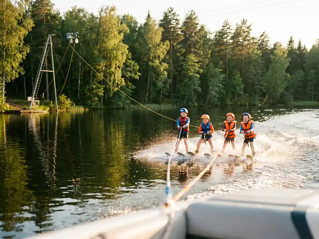 Kinderen in kleurrijke zwemvesten glijden over een zonnig meer met een kabelskilift, omringd door weerspiegelend Nederlands bos.