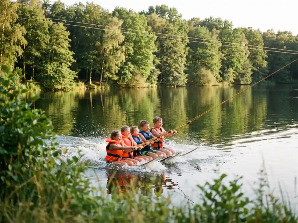 Kinderen in kleurrijke zwemvesten glijden over een zonnig meer bij een kabelbaan, omringd door weerspiegelend Nederlands bos.