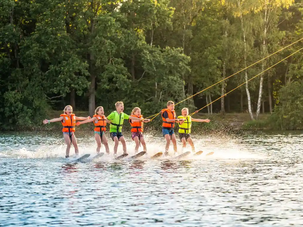 Kinderen in kleurrijke zwemvesten glijden over een zonnig meer bij een waterskibaan, omringd door groen Nederlands bos.