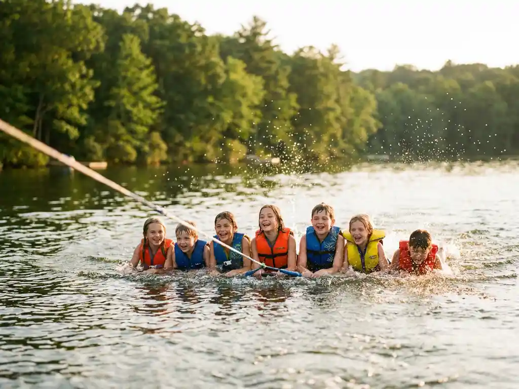 Kinderen in kleurrijke zwemvesten glijden lachend over een zonnig meer bij een kabelbaan, omringd door groen Nederlands bos.