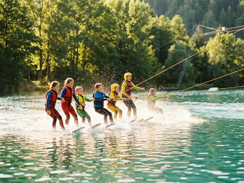 Kinderen in kleurrijke wetsuits glijden over een turquoise meer aan een waterskikabel, gouden zonlicht vangt de opspattende druppels