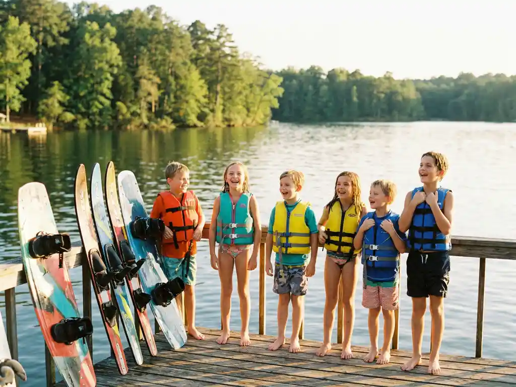 Kinderen in kleurrijke zwemvesten bij houten steiger met wakeboards, zonnig meer en groen bos op achtergrond