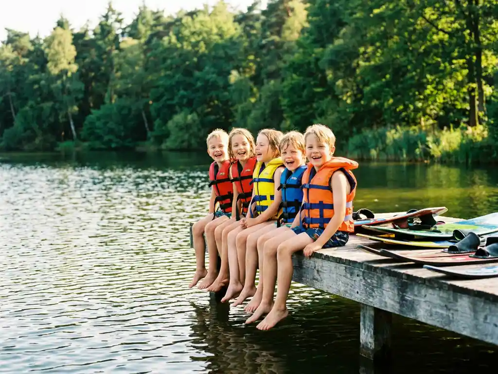 Kinderen in kleurrijke zwemvesten op houten steiger met bungelde voeten boven het meer, wakeboards ernaast, Nederlands bos weerspiegeld in het water.