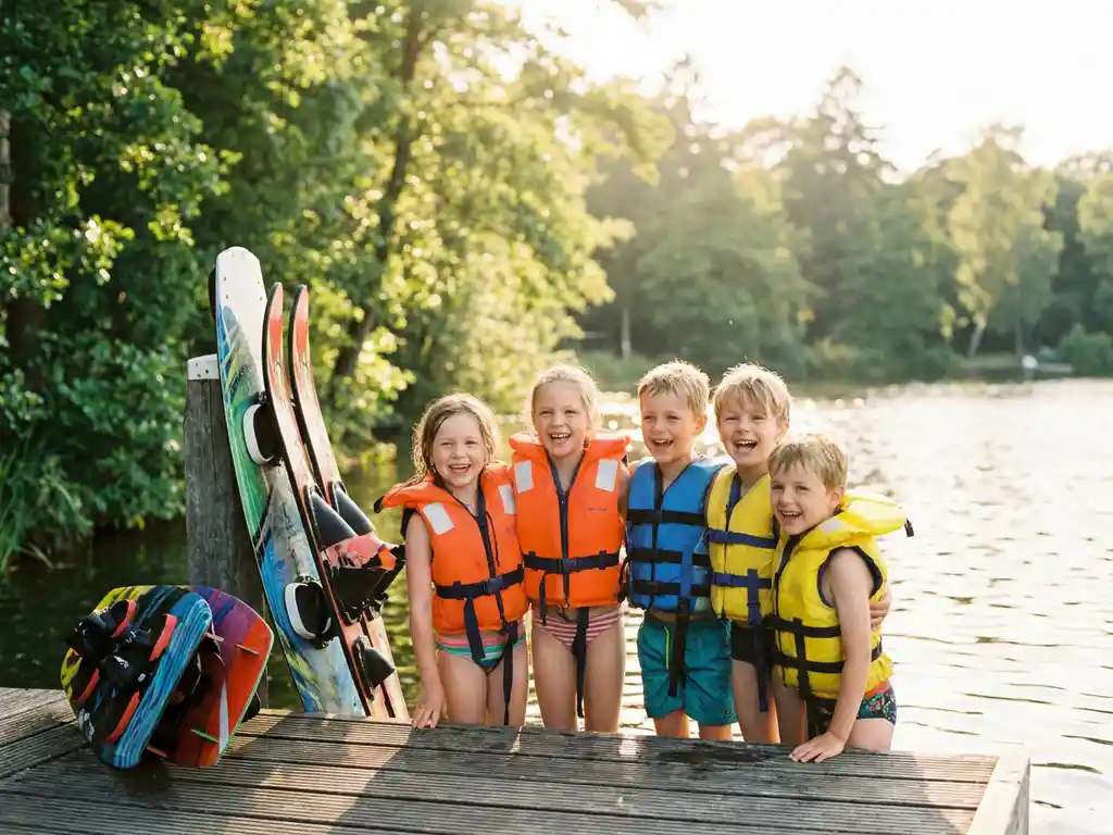 Kinderen met kleurrijke zwemvesten op een houten steiger, wakeboards en waterski's gestapeld, zonnig meer en groen bos op de achtergrond.