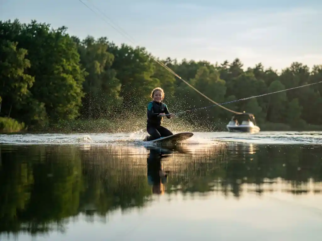 Kind knielt op kneeboard over kalm meertje, gouden zonlicht vangt waterdruppels, groene bossen weerspiegelen in het water.