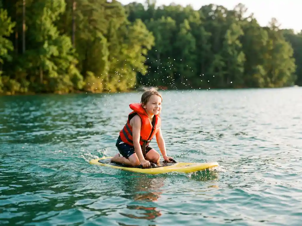 Kind met oranje zwemvest kneeboardt over turquoise meer, waterdruppels glinsteren in gouden zonlicht, groene bosrand op achtergrond.