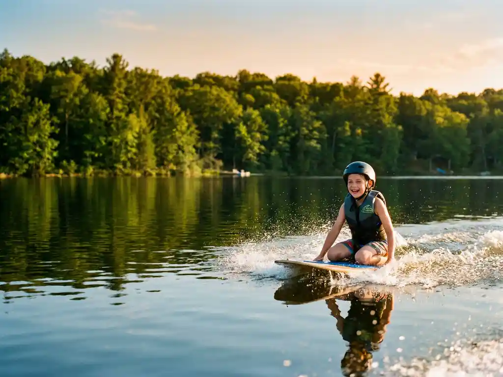 Kind op kneeboard glijdt over kalm meertje, gouden zonlicht vangt waterspatten, groen bos weerspiegelt in het water.