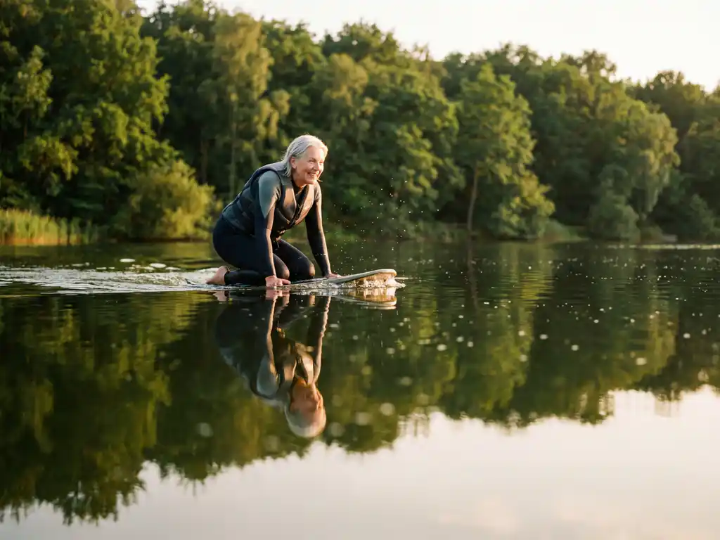 Zilvergrijze vrouw van in de zestig kneeboardt vol zelfvertrouwen over een kalm meer, groene bossen weerspiegelen in het water.