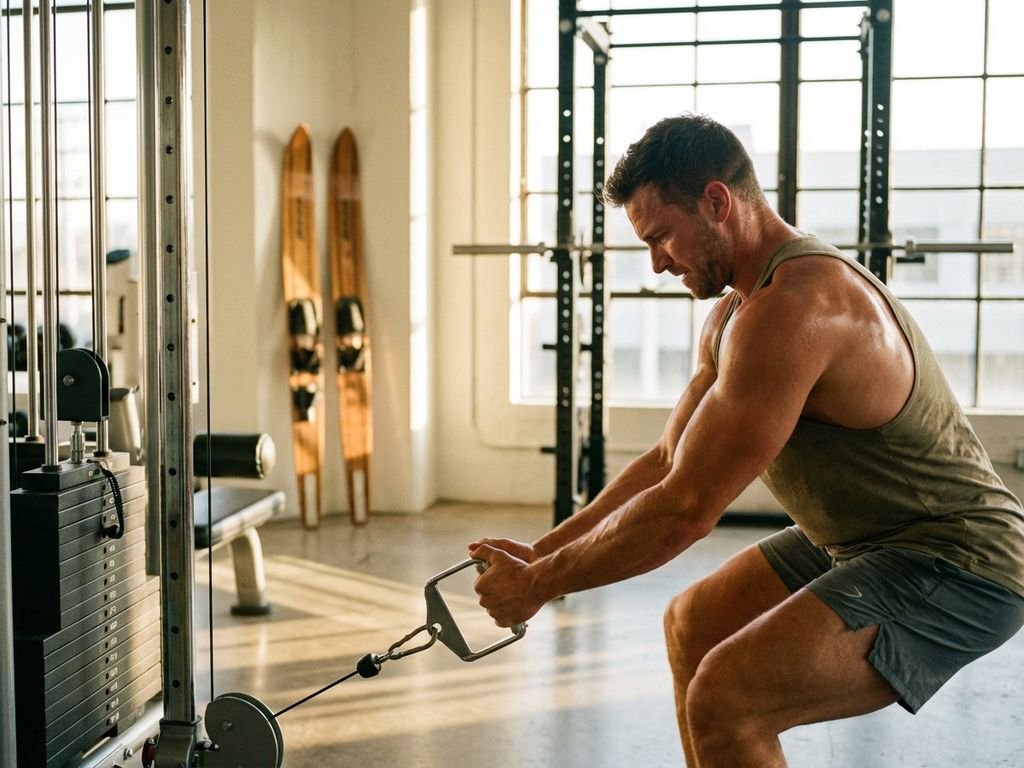 Gespierde atleet voert krachtige cable row uit in moderne sportschool met waterski's op achtergrond en warm ochtendlicht