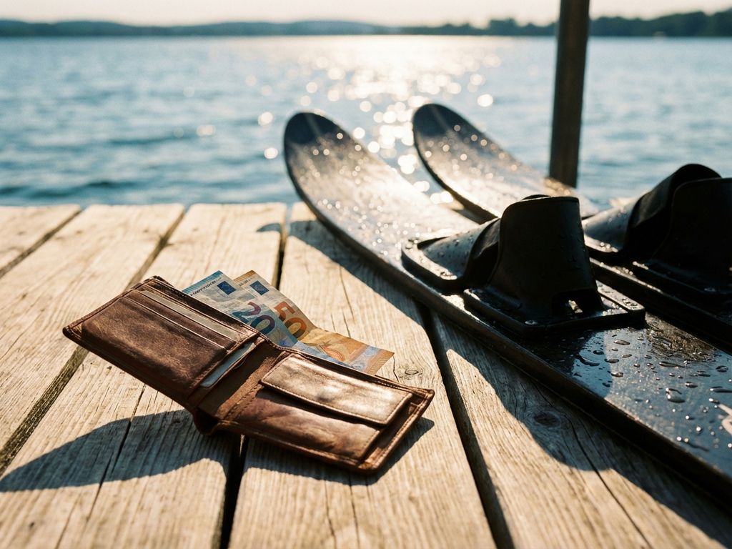Verweerde leren portemonnee met eurobiljetten op houten steiger, waterskis met druppels ernaast, gouden zonlicht