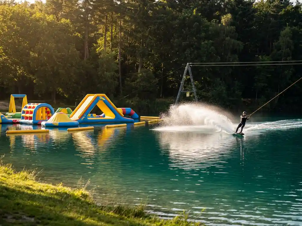 Turquoise recreatieplas met kleurrijke opblaasbare glijbanen en een wakeboarder achter een kabelbaan, omringd door Nederlands bos in gouden namiddaglicht.