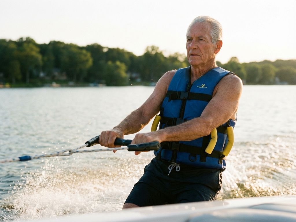 Fitte oudere man met zilveren haar waterskiet over kalm meer in gouden namiddaglicht, draagt steunend zwemvest