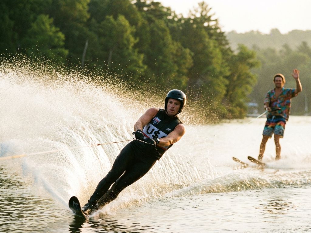 Professionele waterskiër in zwarte wedstrijdkleding maakt scherpe bocht met opspattend water, recreant op achtergrond, ochtendzon