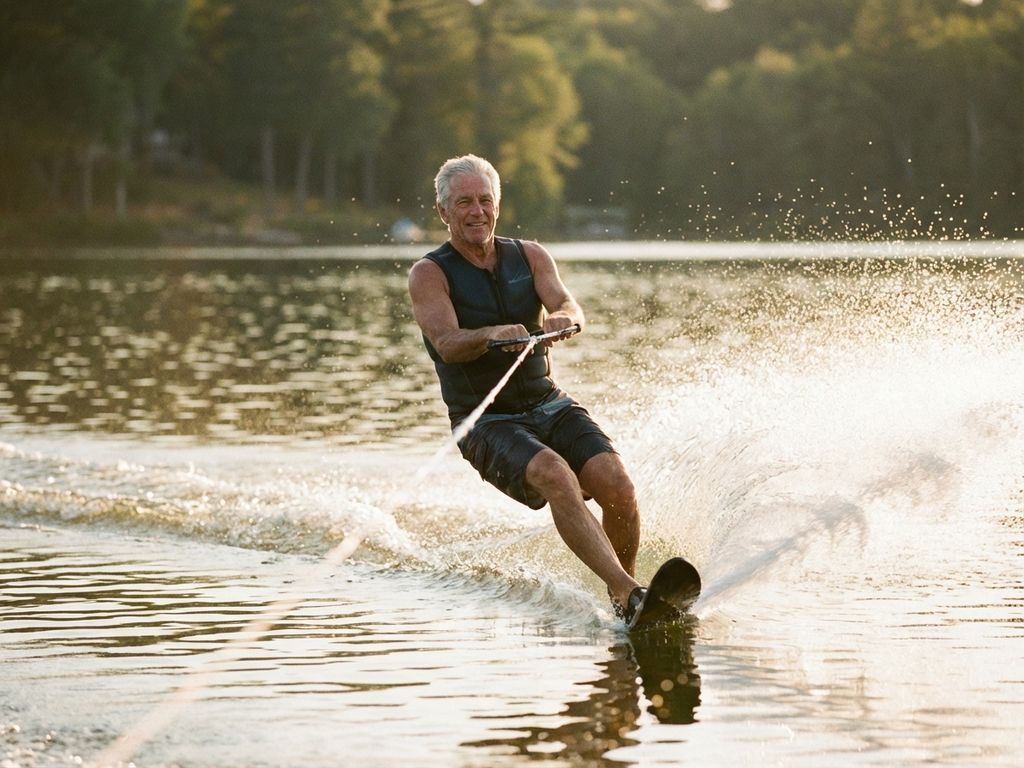 Actieve zilvergrijze man van eind zestig waterskiënd op kalm meer met opspattend water in gouden namiddaglicht