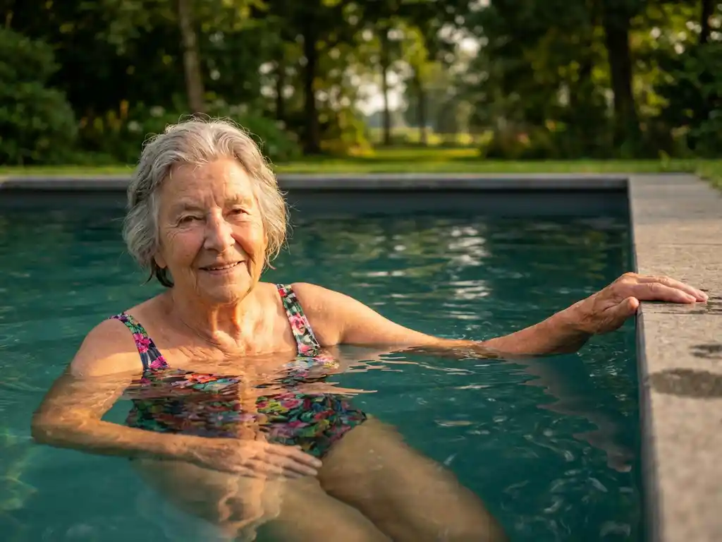 Oudere vrouw in kleurrijk badpak ontspant in turquoise zwembadwater, houdt poolrand vast, vredige uitdrukking, groen parklandschap op achtergrond.