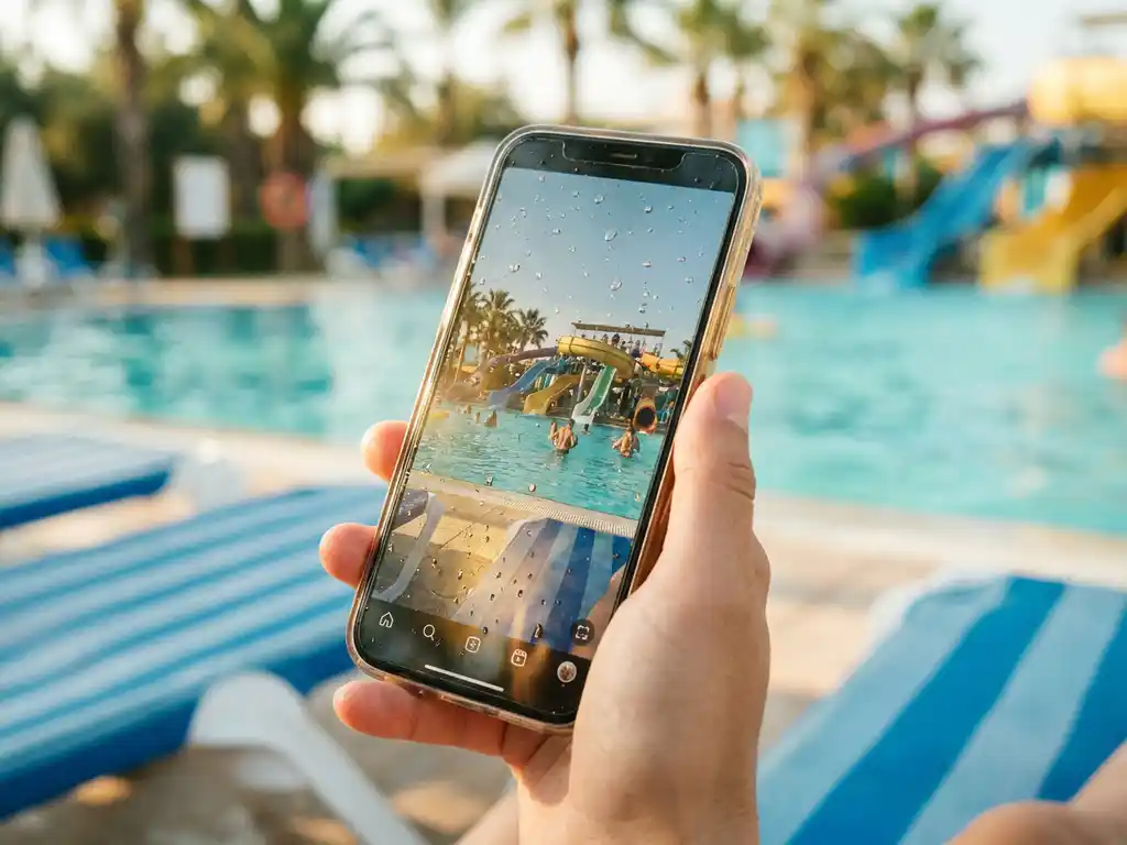 Hand houdt smartphone met aquapark op scherm, waterdruppels op display, turquoise zwembad en ligbed op zonnige achtergrond.