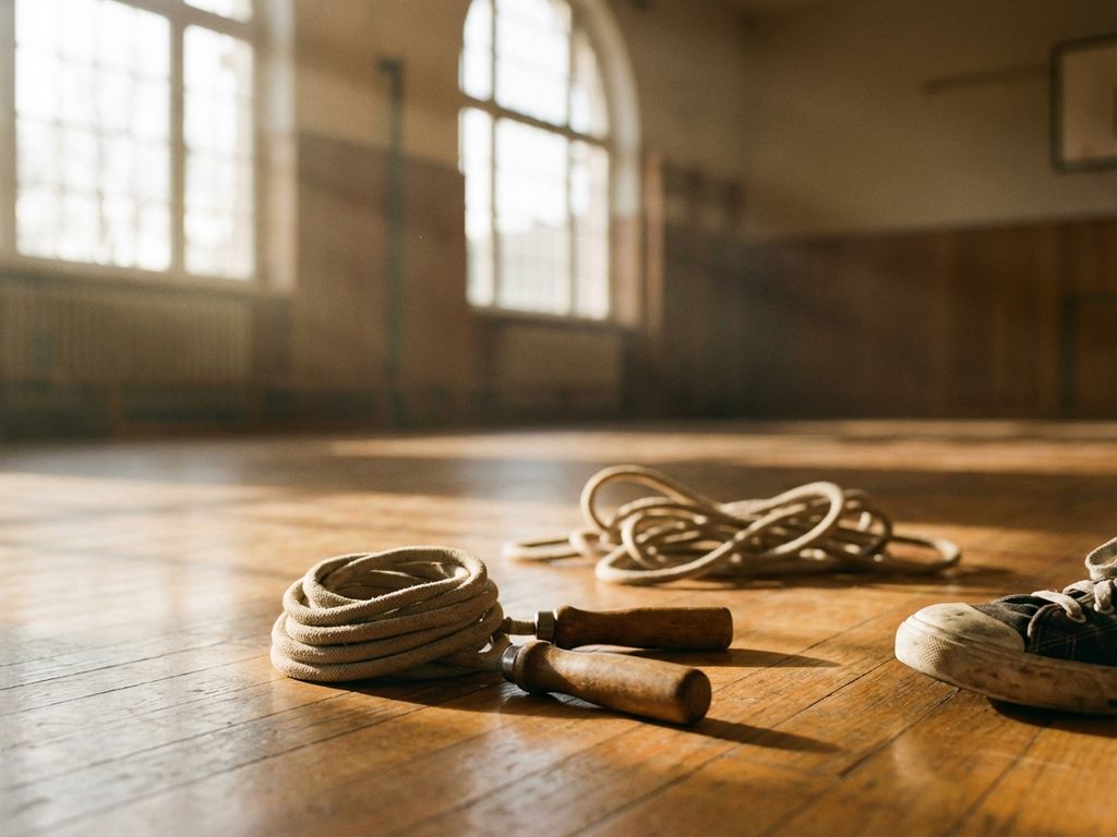 Twee springtouwen op een houten gymvloer, kort opgerold touw op de voorgrond, ochtendlicht door ramen, sportschoen zichtbaar