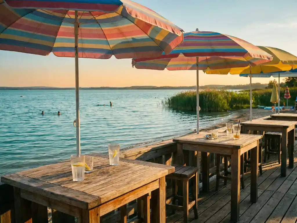 Houten strandbar met gestreepte parasols boven kalm turquoise meerwater, koude drankjes op verweerde teakhouten tafels in gouden avondlicht.