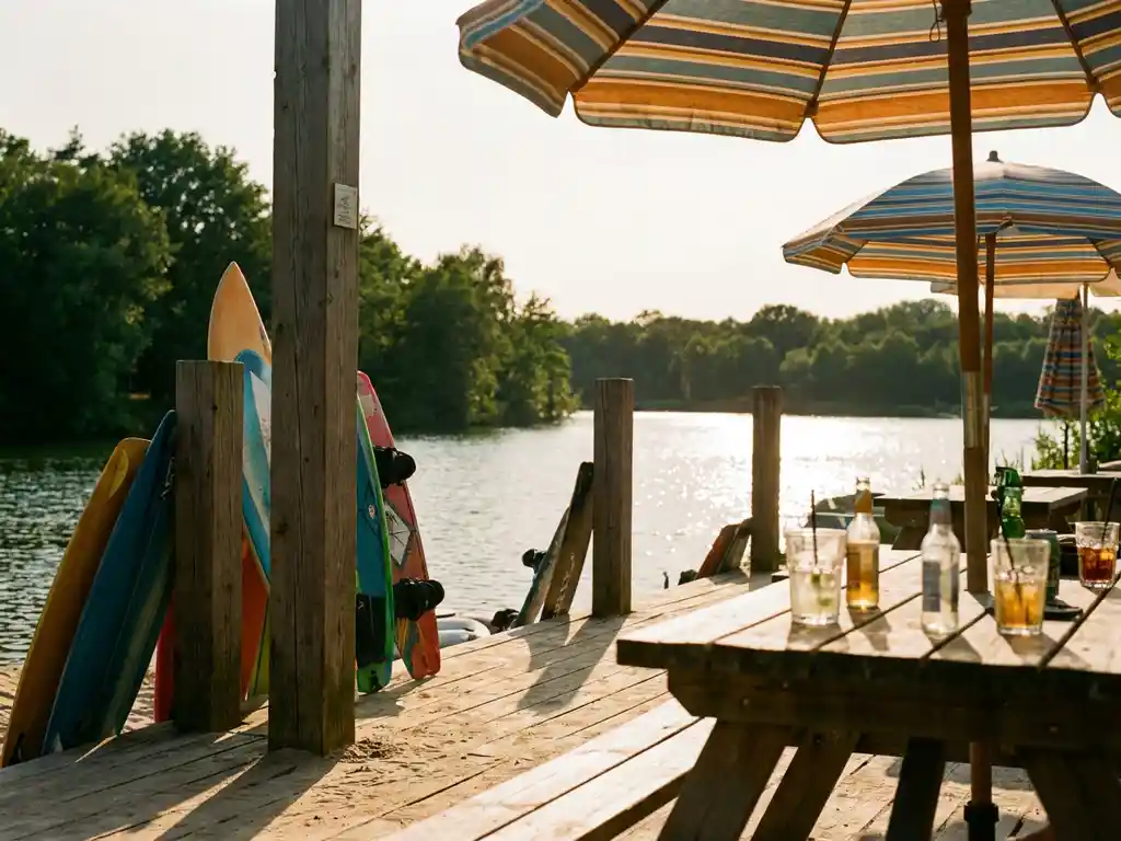 Houten strandbar aan een Nederlands meer met surfplanken, gestreepte parasols en koude drankjes in warm middaglicht