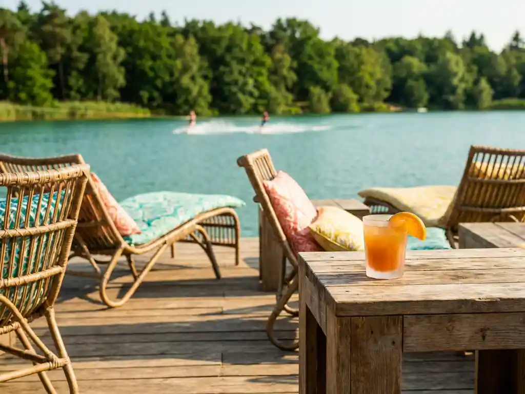 Strandbar terras met rieten loungestoelen en cocktail met sinaasappel, uitzicht op kalm meer met waterskiërs en groen bos.