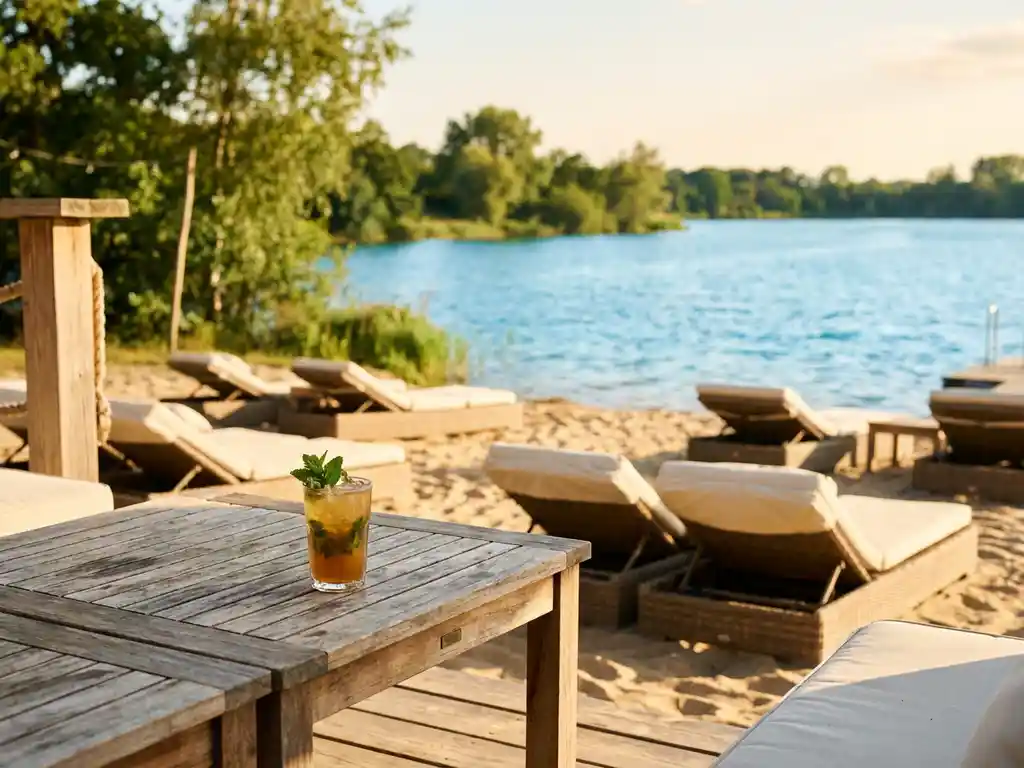 Houten strandbar met rieten loungestoelen op goudkleurig zand, verfrissende cocktail met munt op teakhouten tafel, uitzicht over sprankelend meer bij zonsondergang.