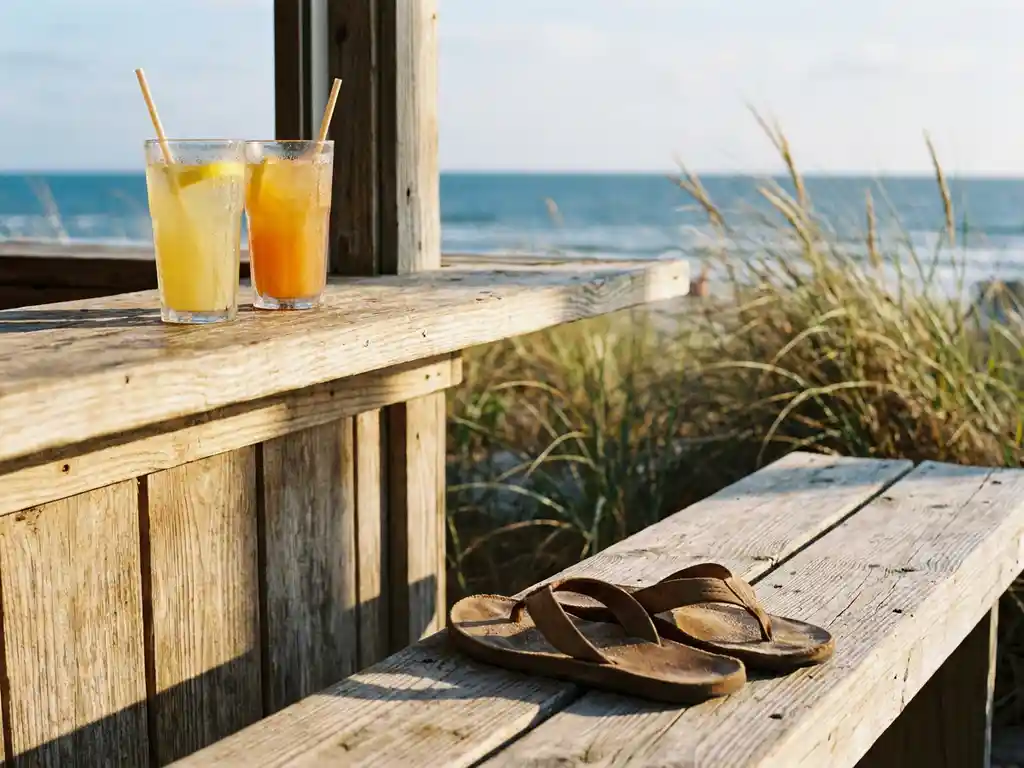 Verweerde houten strandbar met twee ijskoude drankjes, slippers op het terras en Nederlands duingras in warm namiddaglicht