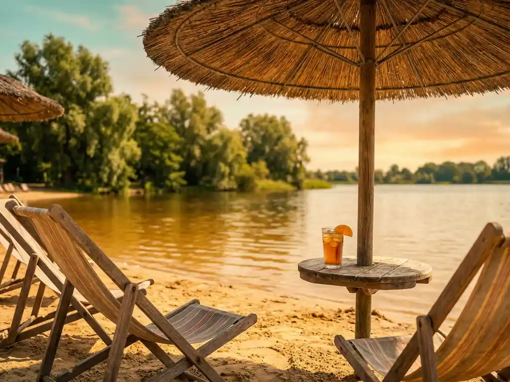 Houten ligstoelen en rieten parasol op zonnig zandstrand aan rustig meer, verfrissend drankje op tafel, gouden uurtje.
