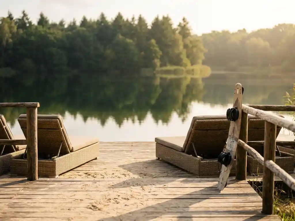Houten strandterras met rieten loungestoelen en wakeboard aan reling, uitzicht op rustig meer met weerspiegeling van bos.