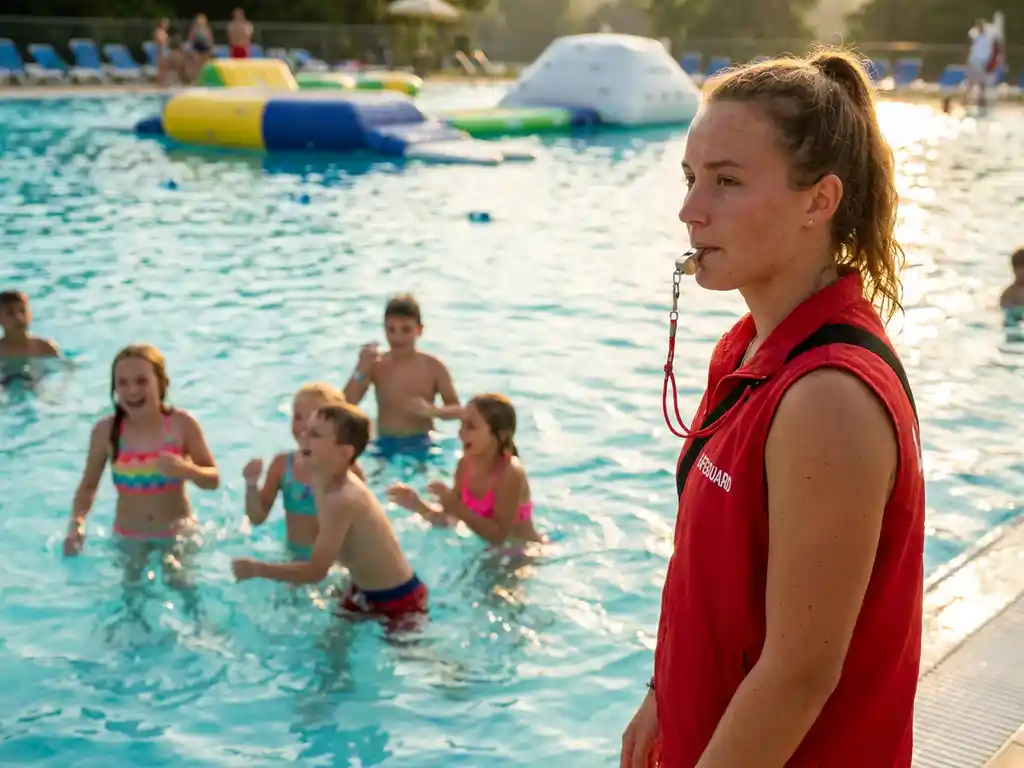 Badmeester in rood vest houdt toezicht bij aquapark zwembad terwijl kinderen spelen tussen opblaasbare obstakels in turquoise water.