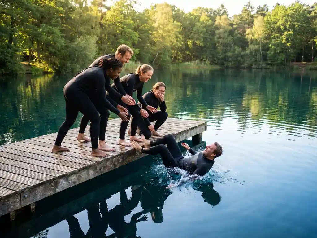 Collega's in wetsuits lachen op een houten steiger terwijl iemand speels in een helder meer valt, omringd door Nederlands bos in zomers zonlicht