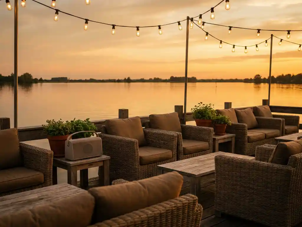 Gezellig terras met rieten stoelen en houten tafels bij een Nederlands meer tijdens zonsondergang, sfeervolle lichtjes en potplanten