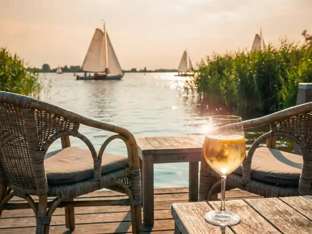 Houten terras met rieten stoelen aan een Nederlands meer, glas witte wijn op tafel, zeilboten op het water, rietkraag langs de oever in zomers licht.
