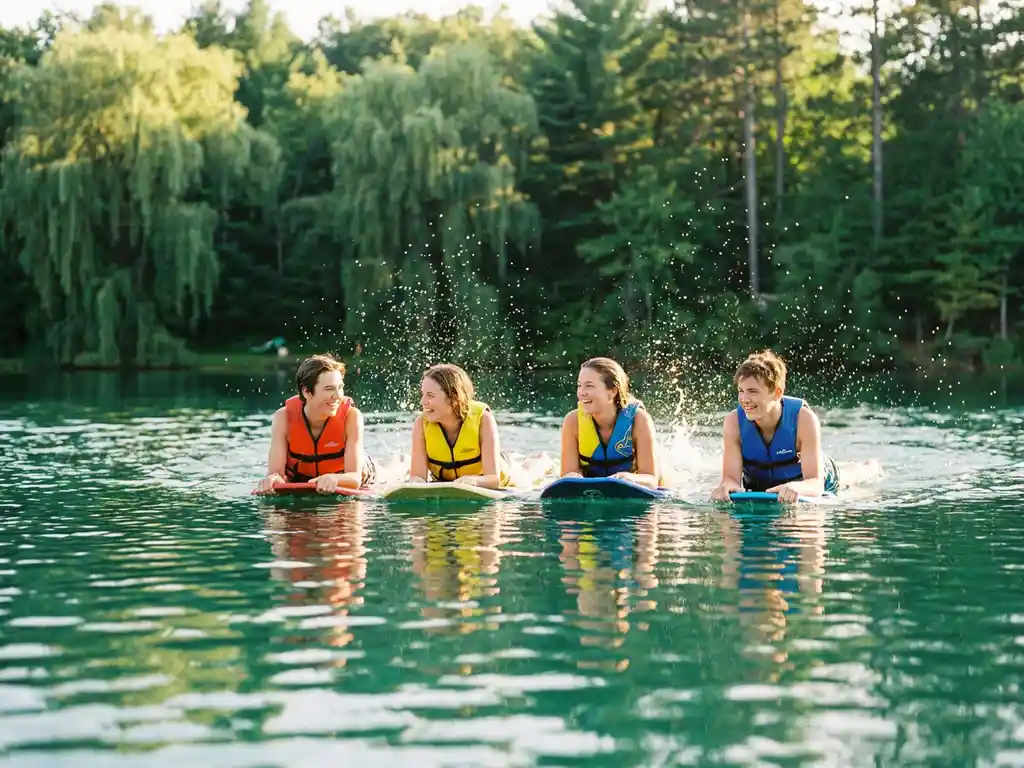 Tieners met oranje zwemvesten kneeboarden over een glinsterende meer, gouden zonlicht vangt waterdruppels, groene bossen weerspiegelen in het water.