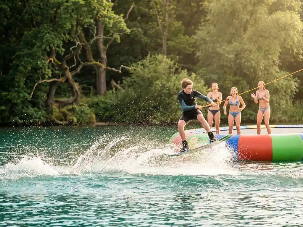 Tiener wakeboardt op turquoise meer terwijl vrienden juichen vanaf opblaasbare waterbaan, omringd door Nederlands bos in gouden zomerzon.