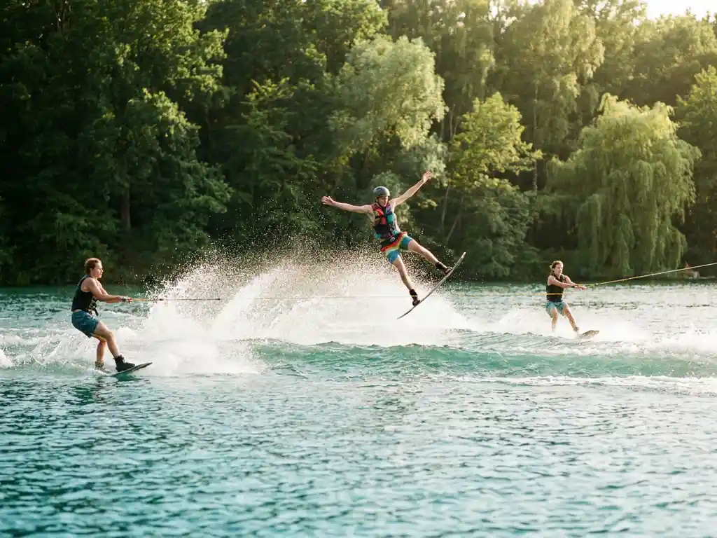 Tieners wakeboarden op een zonovergoten meer, één springer met uitgestrekte armen, turquoise water en groen Nederlands bos op de achtergrond.