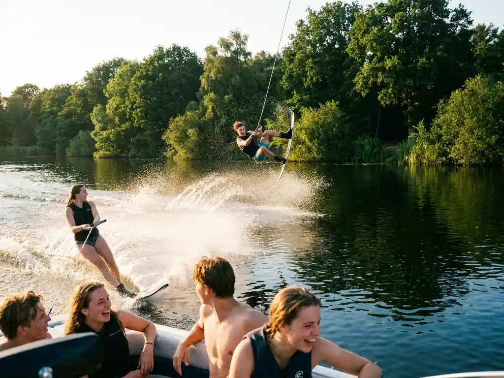 Tiener maakt sprong op wakeboard boven zonnig meer, waterdruppels spatten op, groen bos weerspiegelt in diepblauw water
