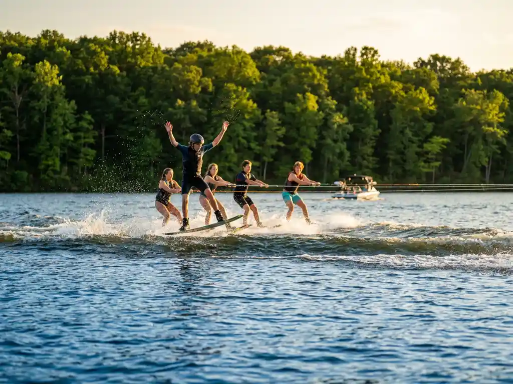 Tieners op wakeboards op een zonnig meer, één springer met armen omhoog, gouden zonlicht op waterdruppels, groen bos op de achtergrond.