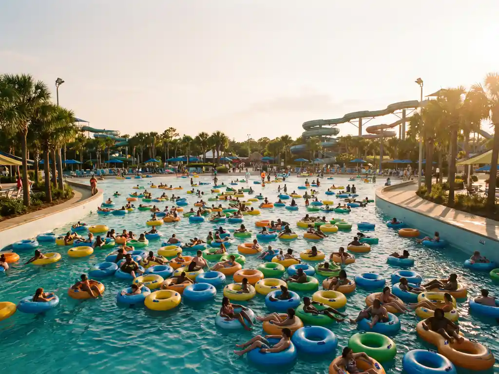Enorm golfzwembad met duizenden kleurrijke drijvende banden op turquoise water, palmbomen langs de randen en glijbanen op de achtergrond.