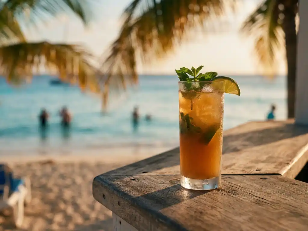 Tropische cocktail met limoen en munt op houten strandbar, turquoise water en zwemmers op de achtergrond in gouden middaglicht.