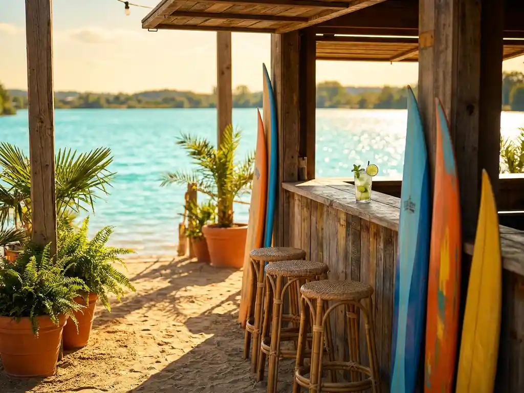 Houten strandbar met rieten krukken, kleurrijke surfplanken en cocktail met limoen, uitkijkend over turquoise meer in gouden middaglicht.