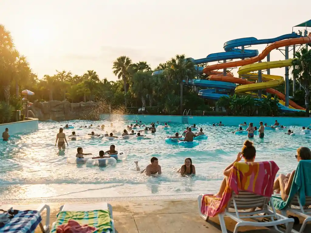 Zwemmers genieten van rollende golven in een turquoise golfzwembad met kleurrijke glijbanen en weelderige bomen op de achtergrond