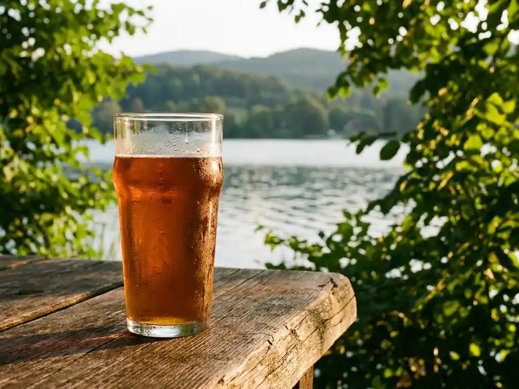 Koud glas amberkleurig bier met condensdruppels op houten terras, met uitzicht op een rustig meer en groene bomen in zomerzonlicht.