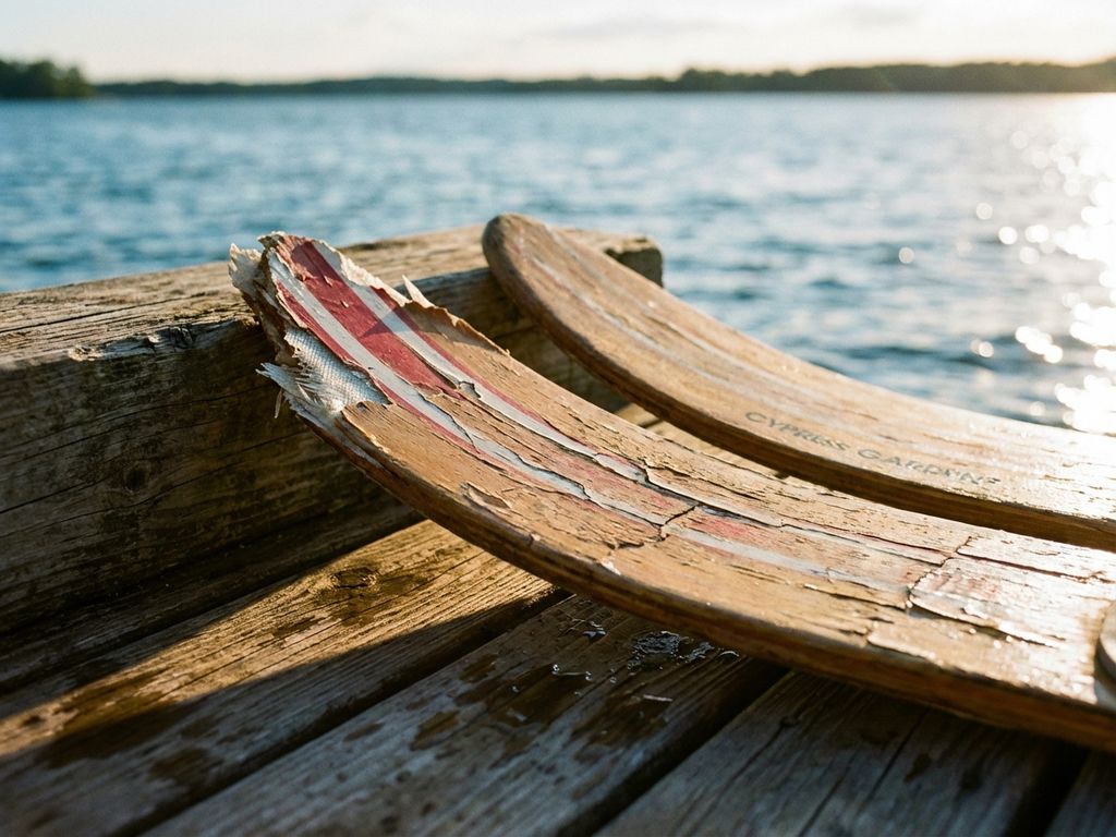 Verweerde waterskis met scheuren leunen tegen een houten steiger, één gebroken tip, blauw meer op de achtergrond