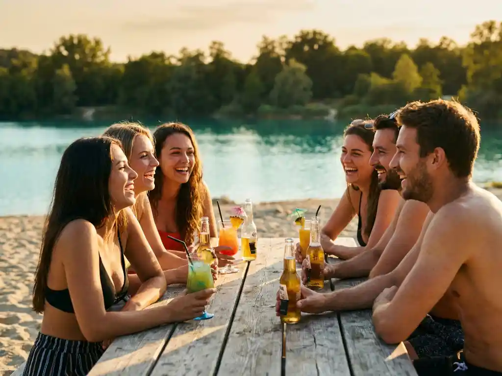 Vrienden lachen samen aan houten strandbar met tropische cocktails en bier, zandstrand aan meer bij zonsondergang