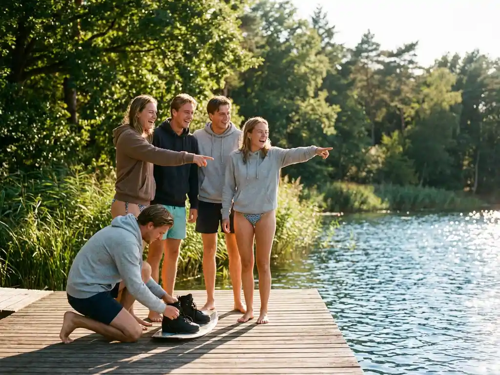 Vrienden op houten steiger bij meer, één helpt ander met wakeboard terwijl anderen toekijken, gouden zonlicht en groen bos op achtergrond